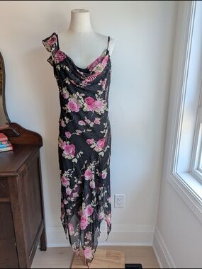 Onyx Nite Vintage Black Maxi Dress with Pink Rose Print And Beading